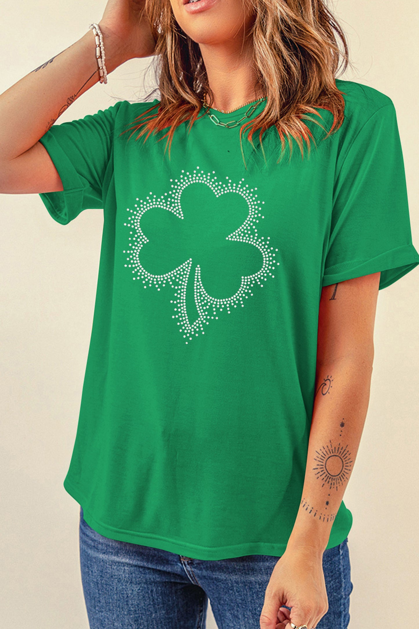 Bright Green St Patricks Day Crystal Rhinestone Shamrock Tee