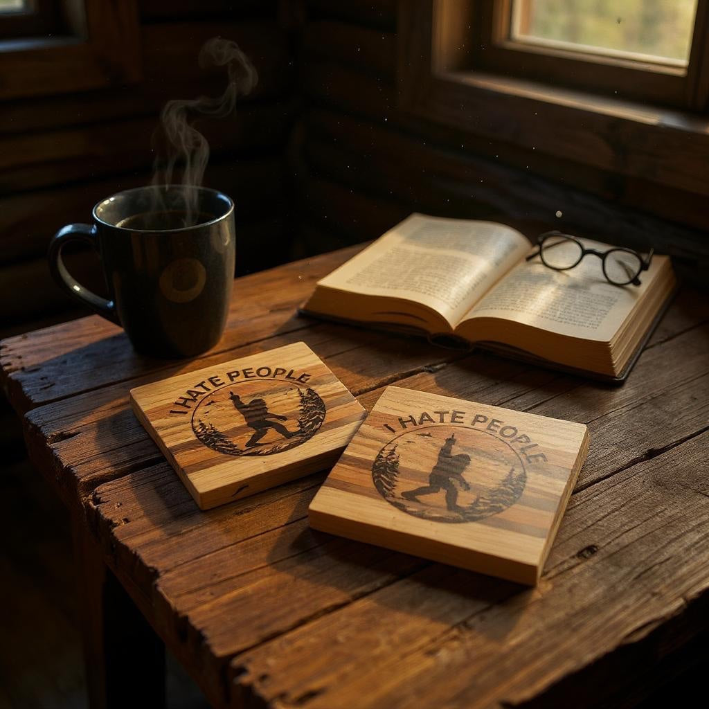 Handcrafted Wood "I Hate People" Bigfoot Coaster Set