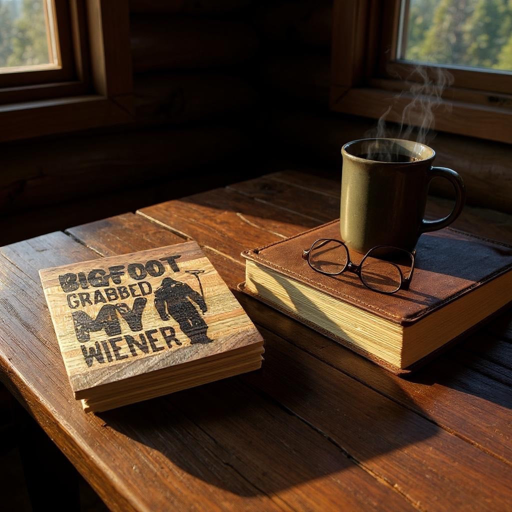 Bigfoot Grabbed My Weiner Handcrafted Wood Coaster Set: The Ultimate Camping Gag Gift