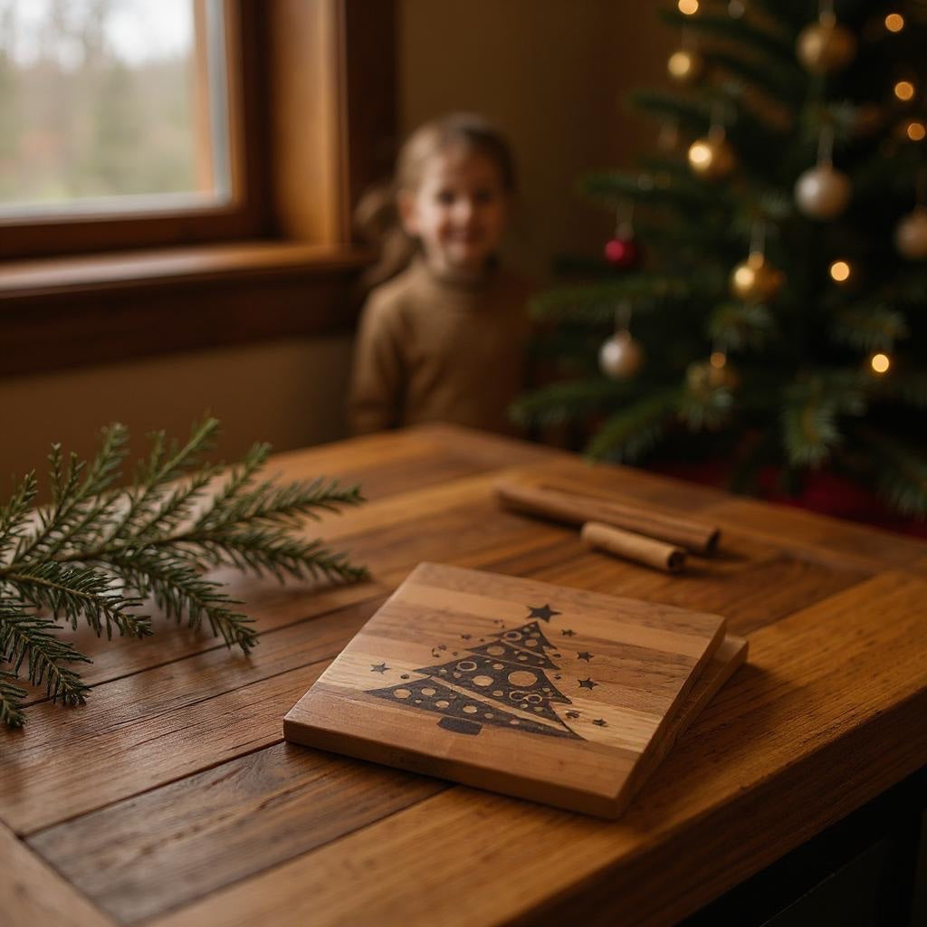 Handcrafted Wood Christmas Tree Coaster Set