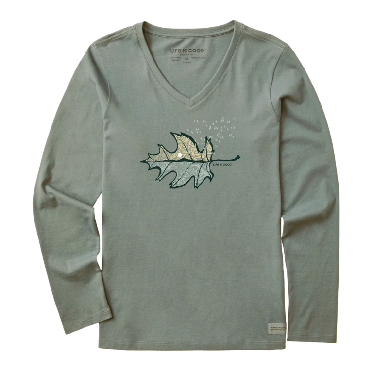 Life is Good - Womens Autumn Leafscape Long Sleeve Crusher T-Shirt, Color Moss Green