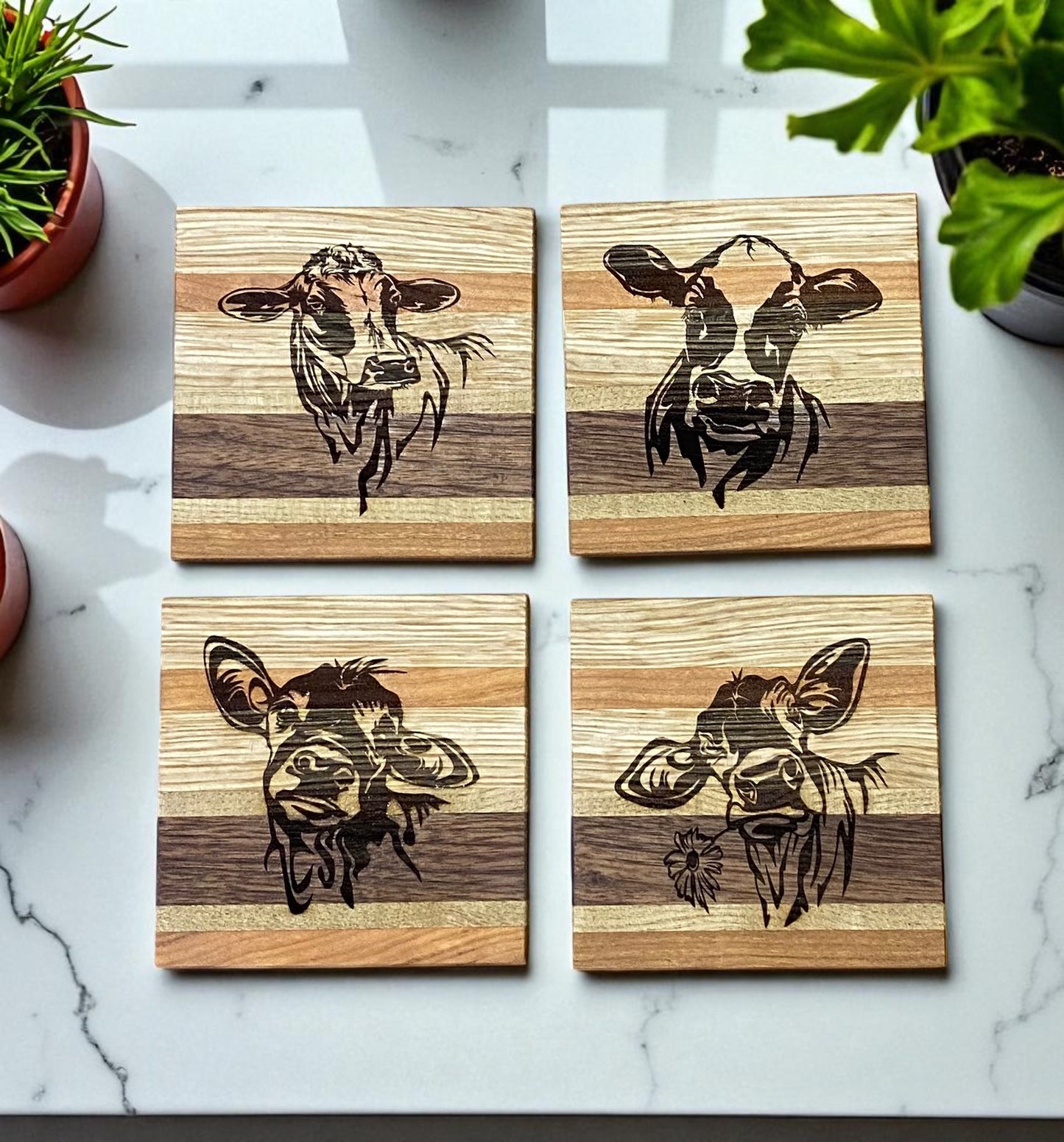 Handcrafted Rustic Wood Cow Coaster Set (Set of 4)