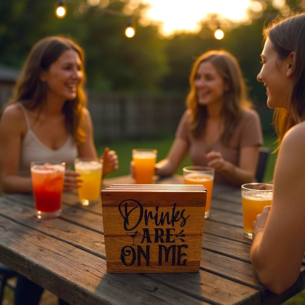 Handcrafted Wooden "Drinks Are On Me" Coaster Set