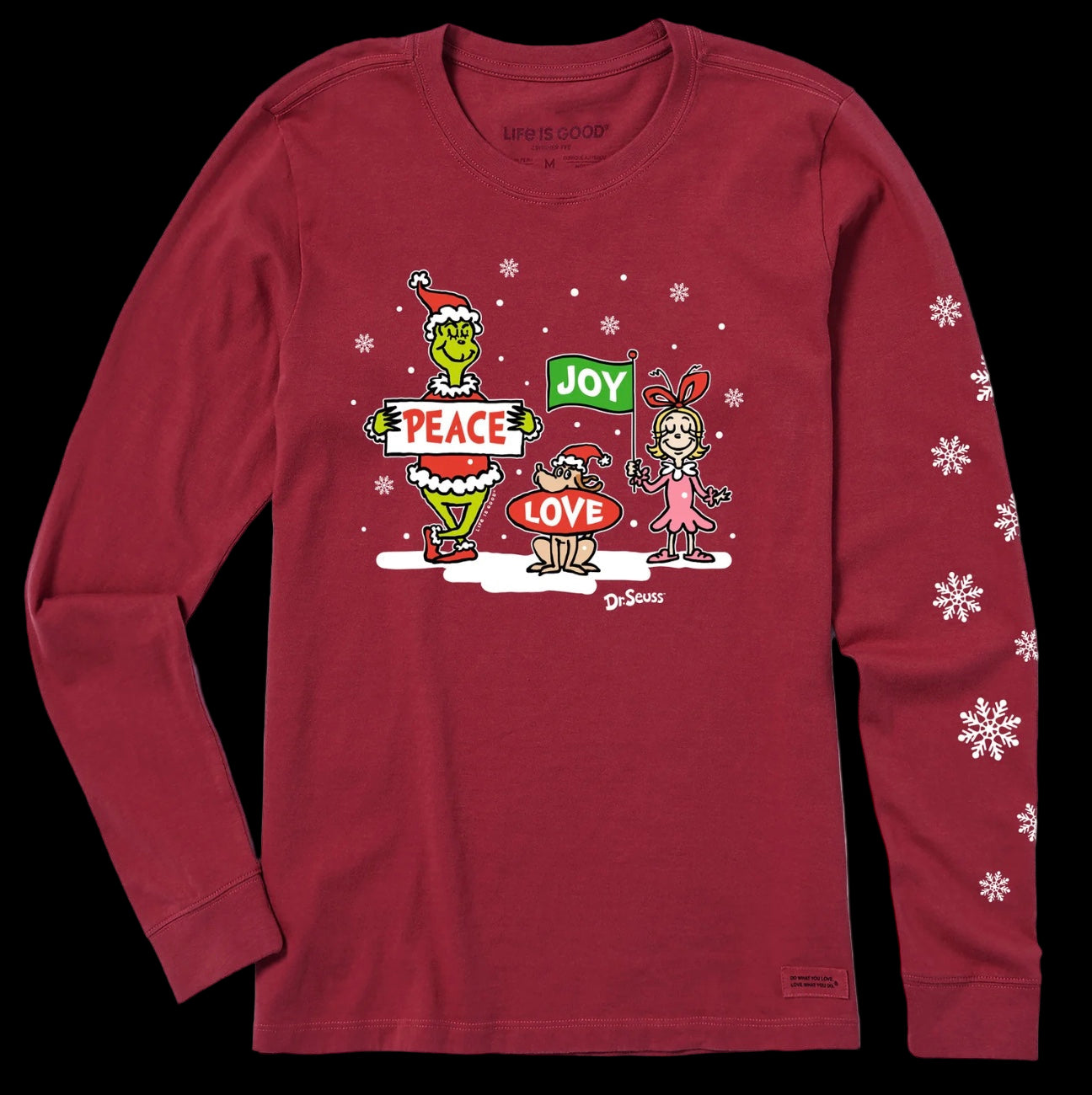 Women's Grinch Peace Love Joy Snow Long Sleeve Crusher Tee