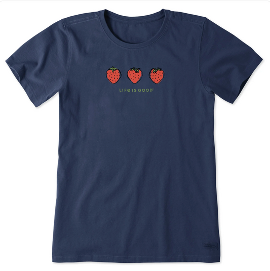 Life is Good Women's Three Strawberries Short Sleeve Crusher Tee