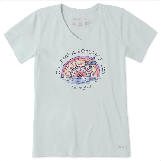 Life is Good Women's Beautiful Day Butterfly Rainbow Short Sleeve Vee