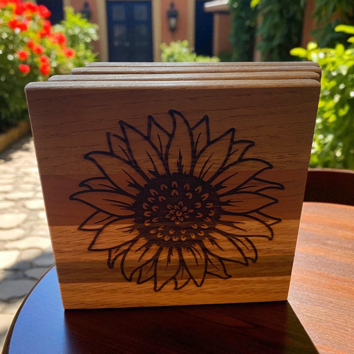 Handcrafted Wooden Sunflower Coaster Set