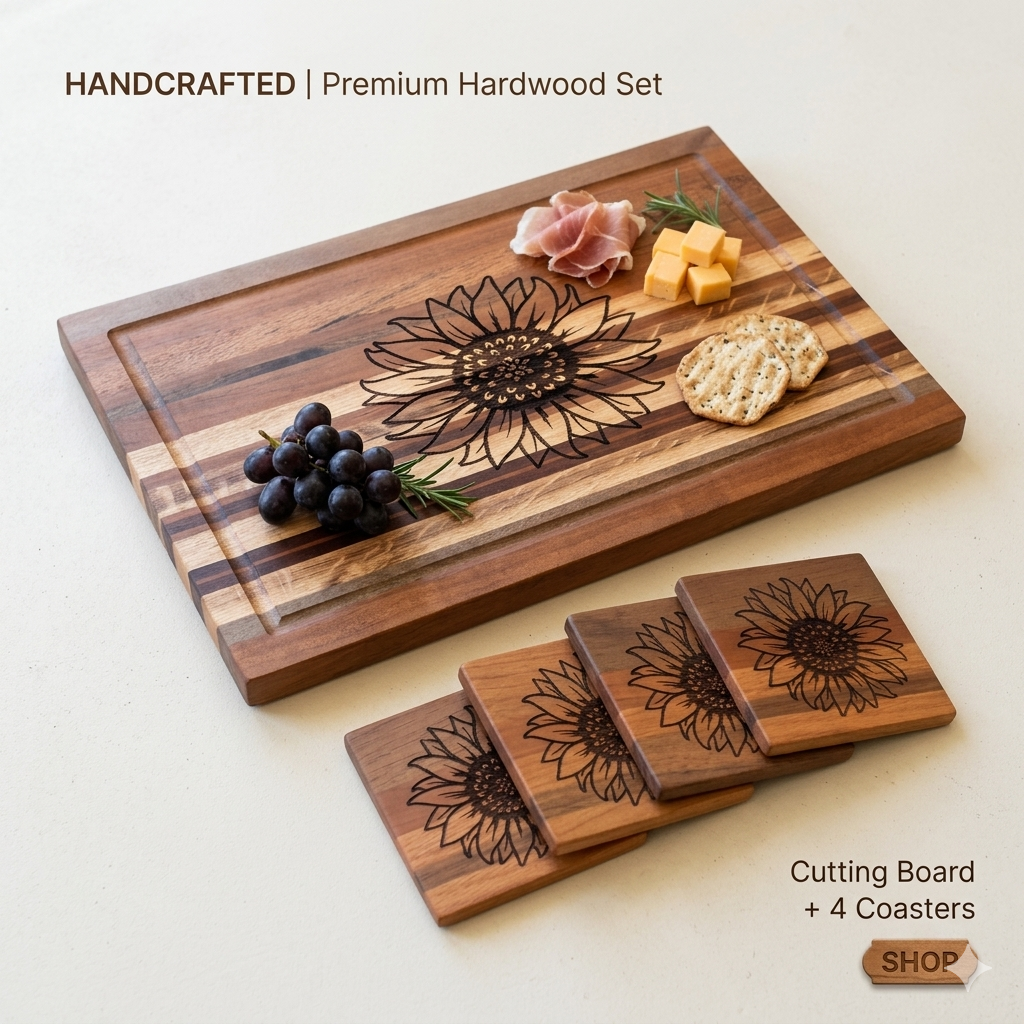 Handcrafted Sunflower Hardwood Charcuterie Set – Large Board & 4 Coasters