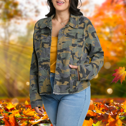 Camo Print Button Down Frayed Hem Jacket