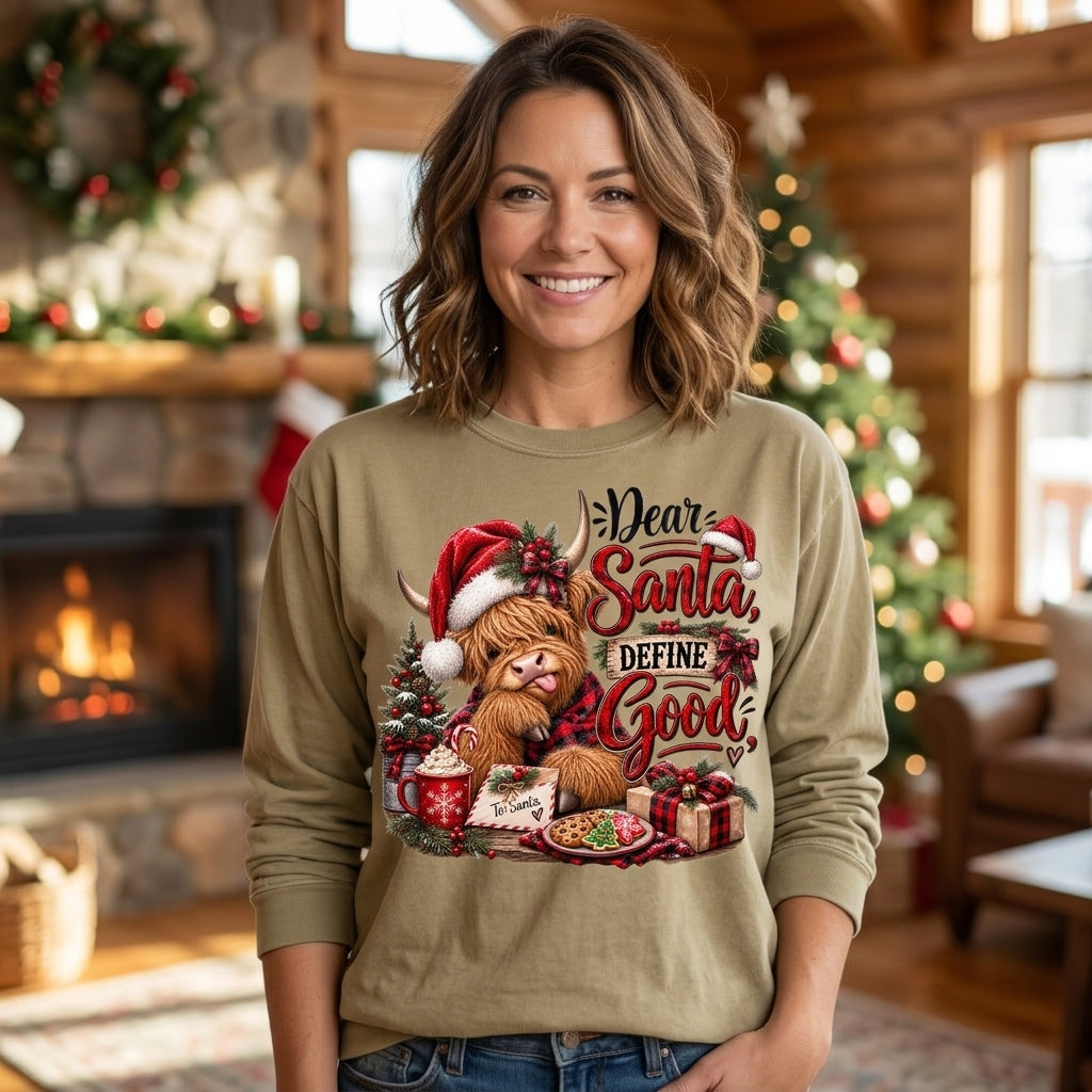 Dear Santa Define Good Highland Cow Long Sleeve Tee