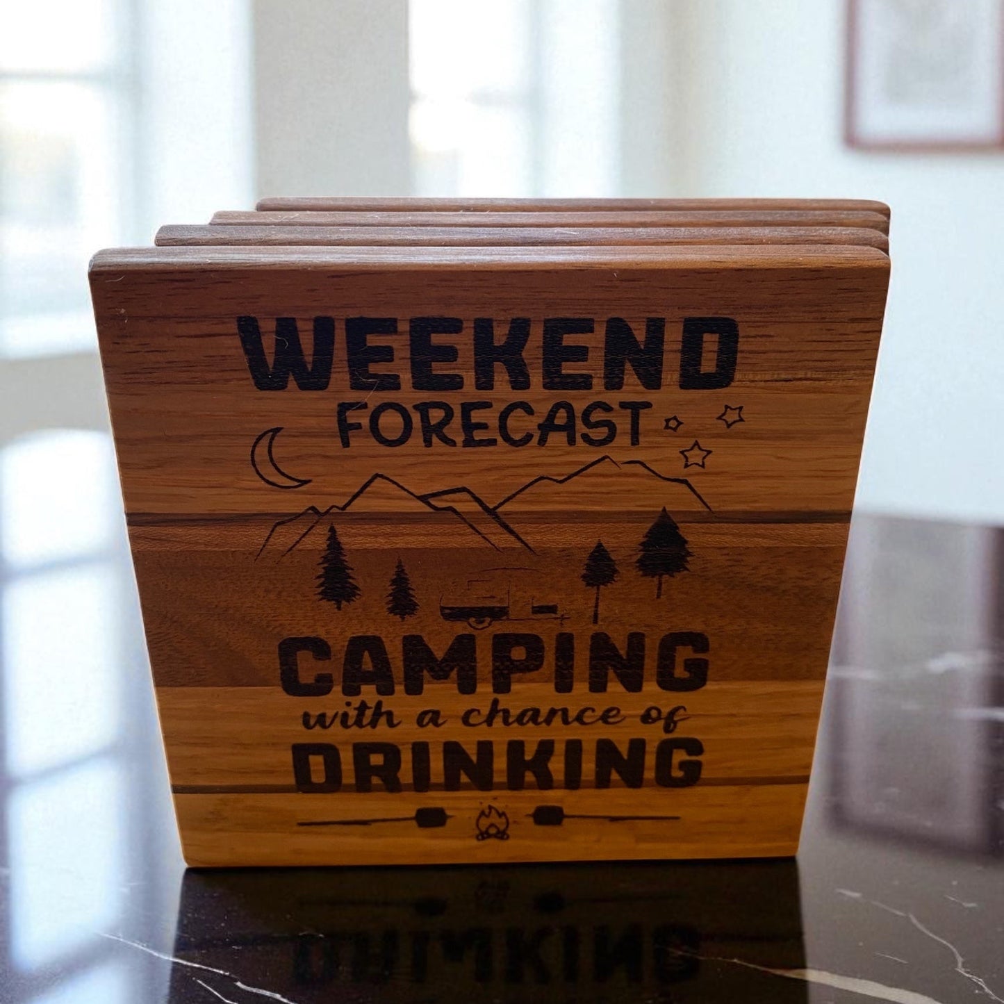 Handcrafted Wood "Weekend Forecast: Camping with a Chance of Drinking" Coaster Set