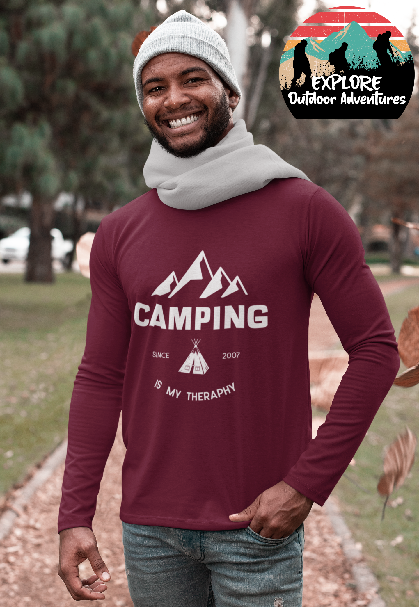 Explore Outdoor Adventures "Camping is my Therapy" Unisex Long Sleeve Crewneck Tee
