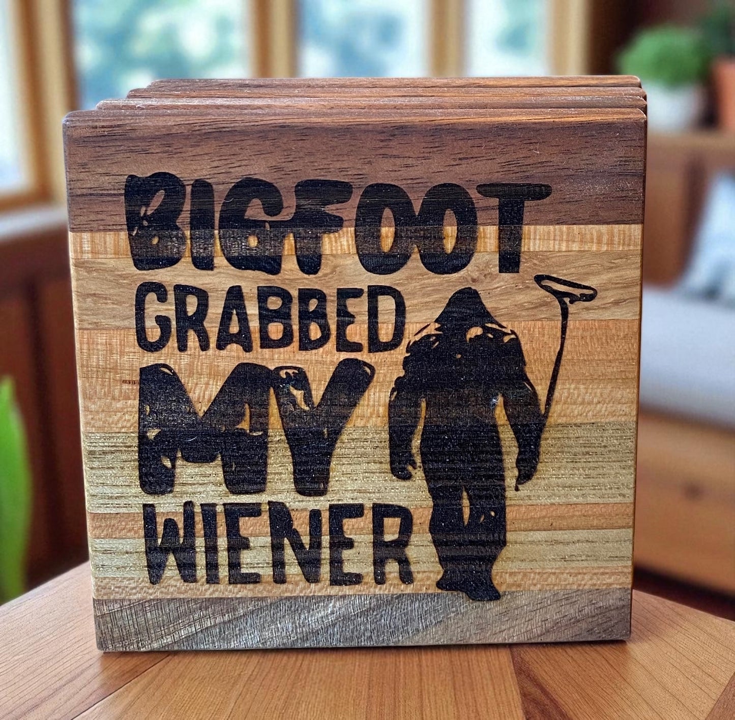 Bigfoot Grabbed My Weiner Handcrafted Wood Coaster Set: The Ultimate Camping Gag Gift