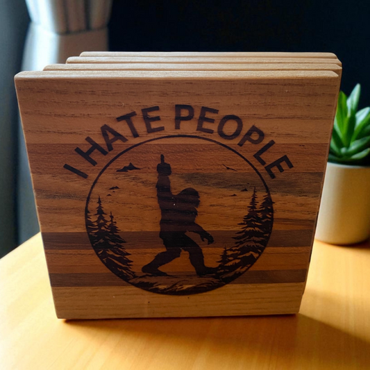 Handcrafted Wood "I Hate People" Bigfoot Coaster Set