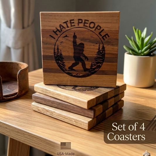 Handcrafted Wood "I Hate People" Bigfoot Coaster Set