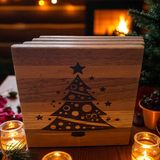 Handcrafted Wood Christmas Tree Coaster Set