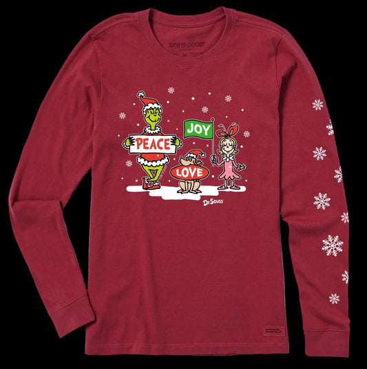 Women's Grinch Peace Love Joy Snow Long Sleeve Crusher Tee