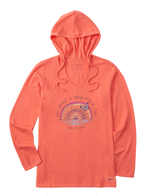 Women's Dreamy Beautiful Day Butterfly Rainbow Long Sleeve Crusher-LITE Hooded Tee
