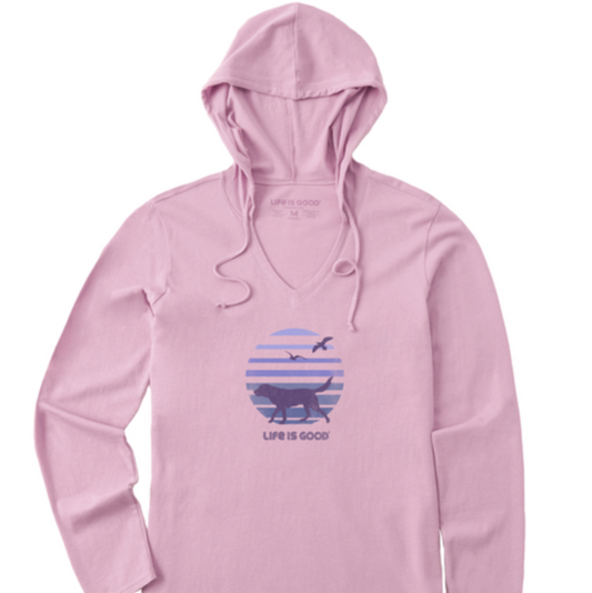 Women's 70's Retro Dog Beach Walk Long Sleeve Crusher-LITE Hooded Tee