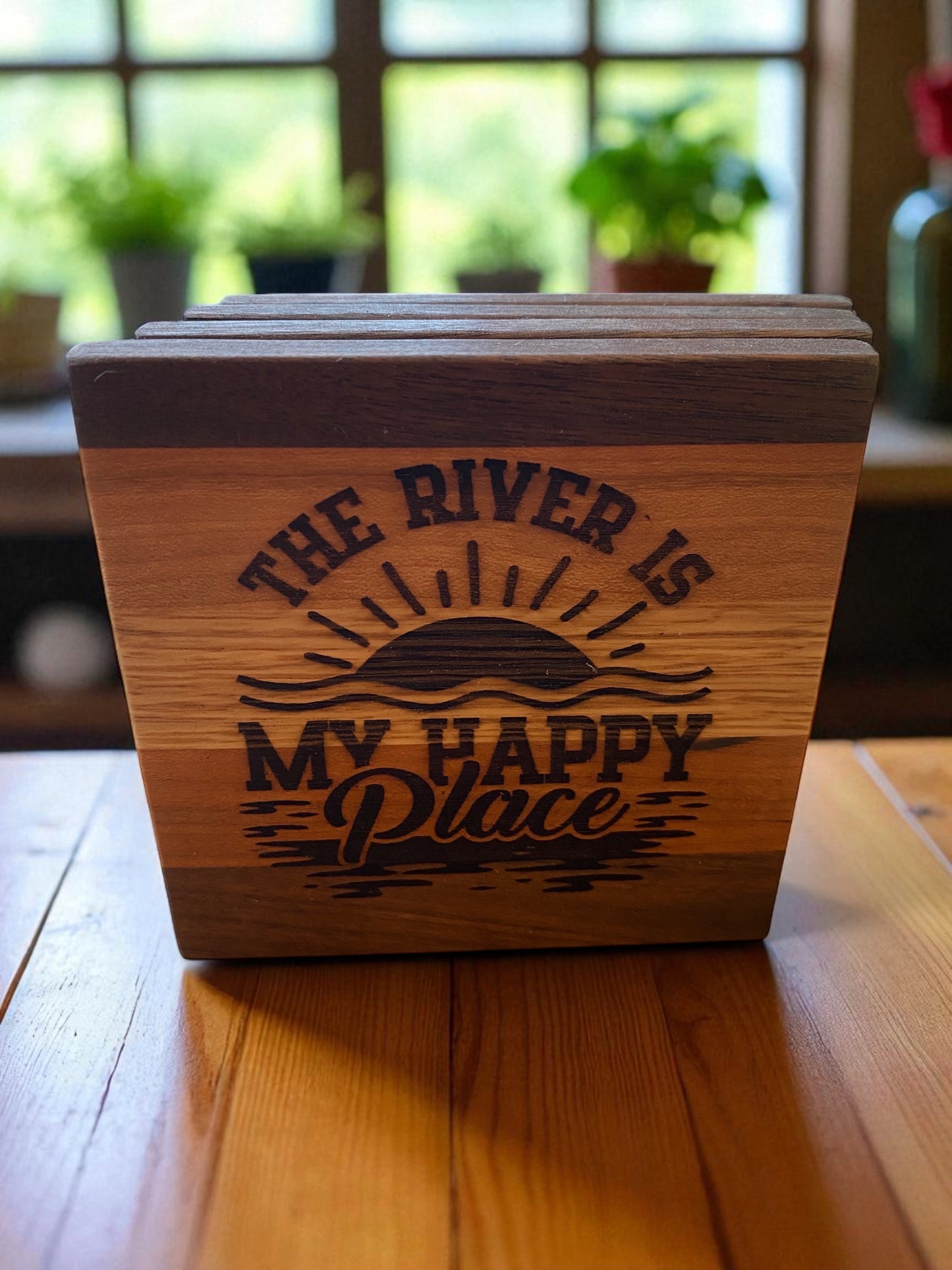 The River Is My Happy Place" Handcrafted Wood Coaster Set