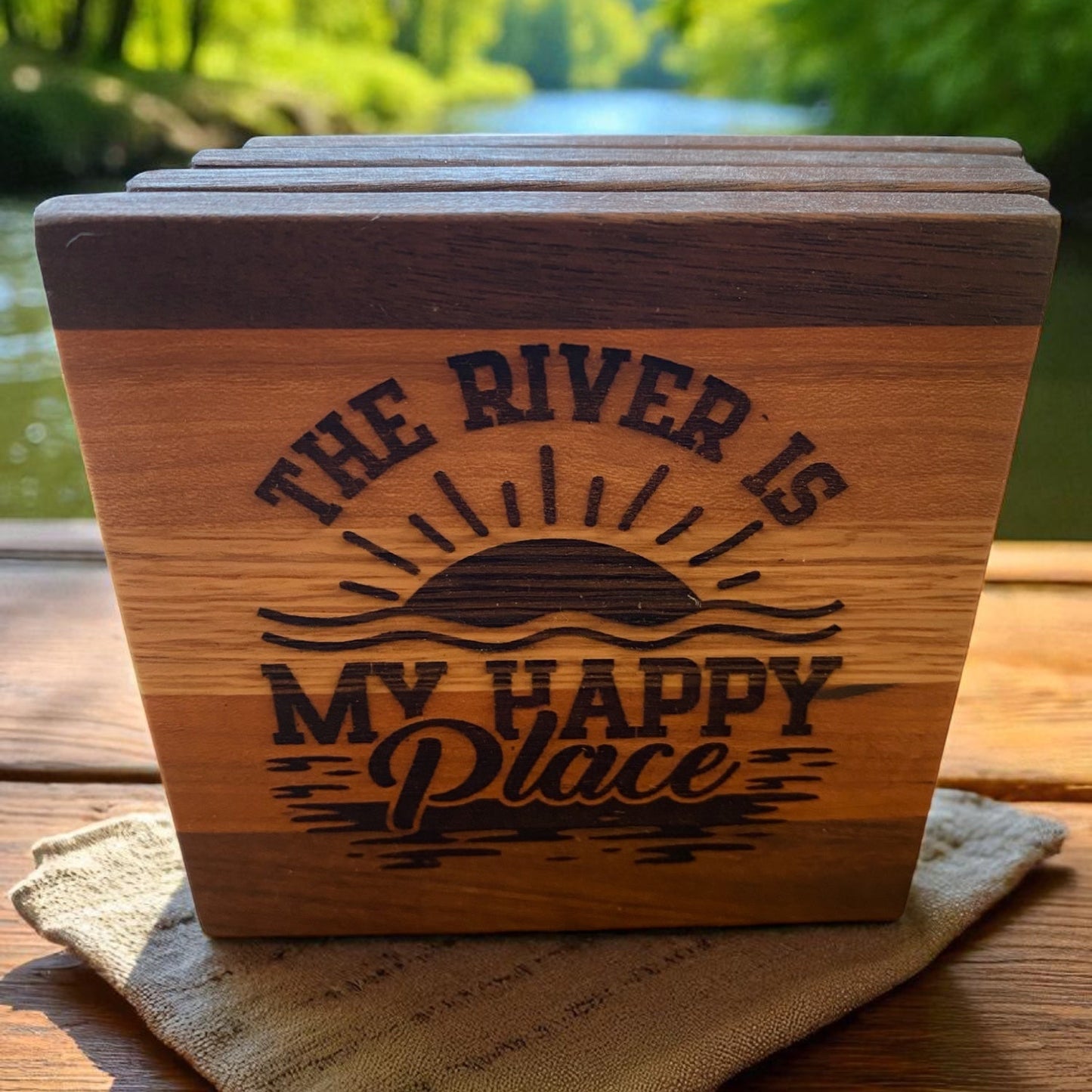 The River Is My Happy Place" Handcrafted Wood Coaster Set