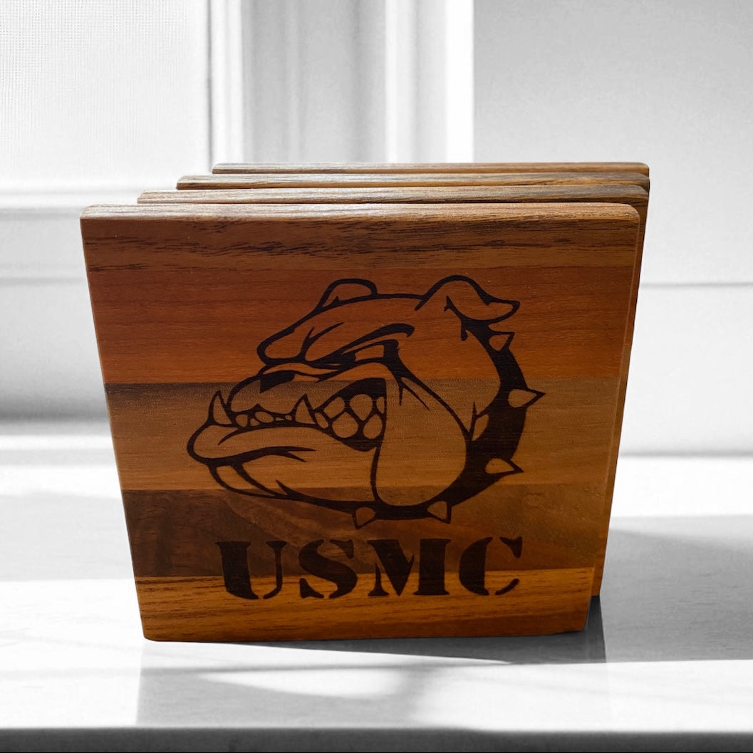 Handmade Wood USMC Marine Coaster Set.