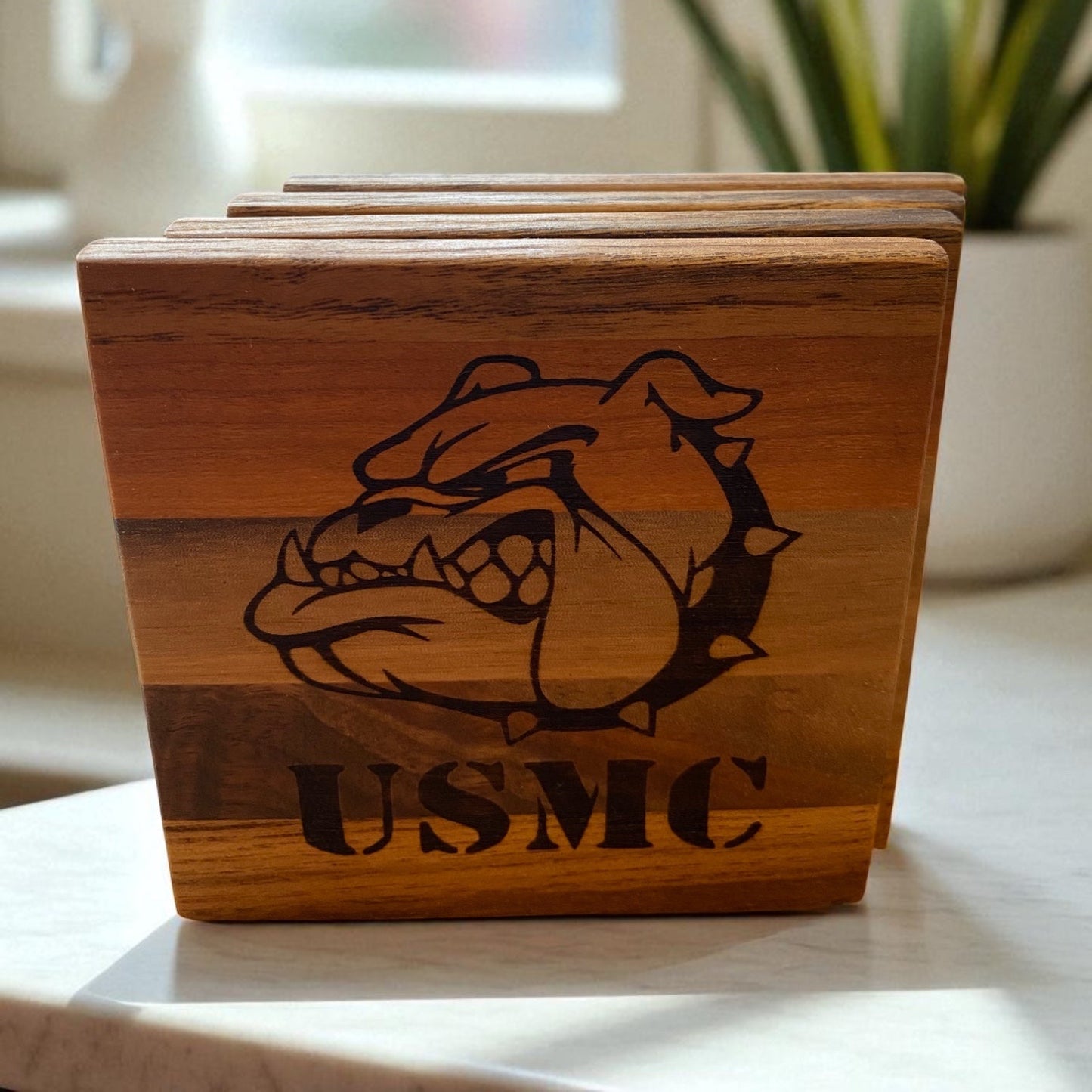 Handmade Wood USMC Marine Bulldog Coaster Set