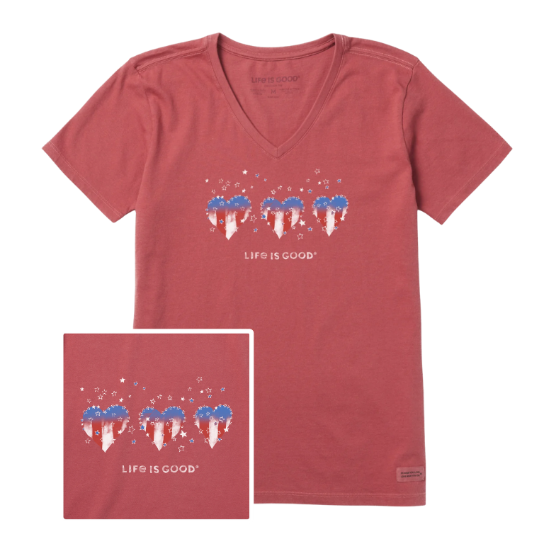 Women's Americana Hearts Stars and Stripes Short Sleeve Crusher Vee