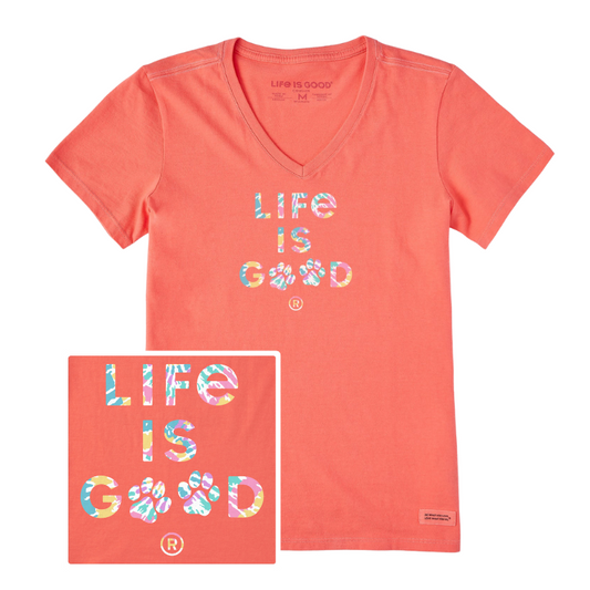 Women's Tie Dye Life is Good Paw Print Short Sleeve Crusher-LITE Vee