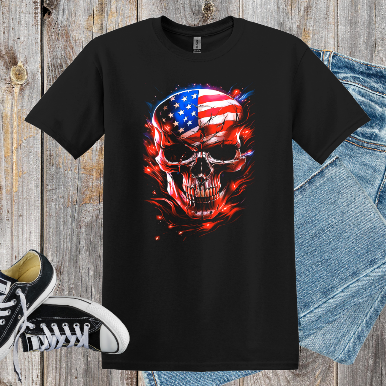 Patriot Ember: American Flag Skull Tee