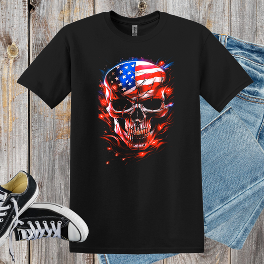 Patriot Ember: American Flag Skull Tee