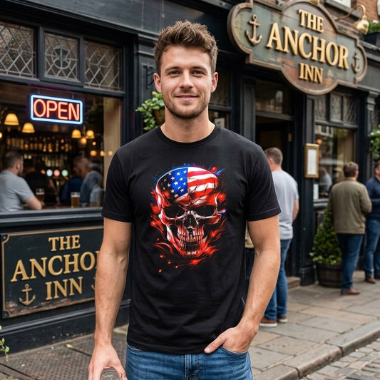Patriot Ember: American Flag Skull Tee