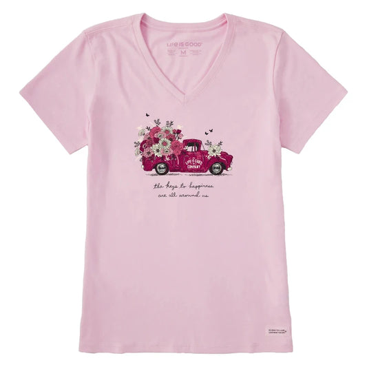 Women's Keys to Happiness Floral Pickup Short Sleeve Crusher Vee