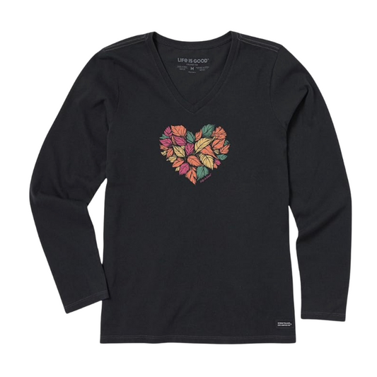 WOMEN'S WOODCUT LEAF HEART LONG-SLEEVE CRUSHER-LITE VEE - JET BLACK