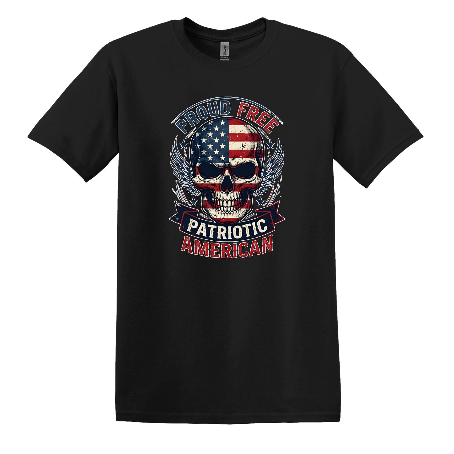 Proud Free Patriotic American - Distressed Skull Graphic T-Shirt