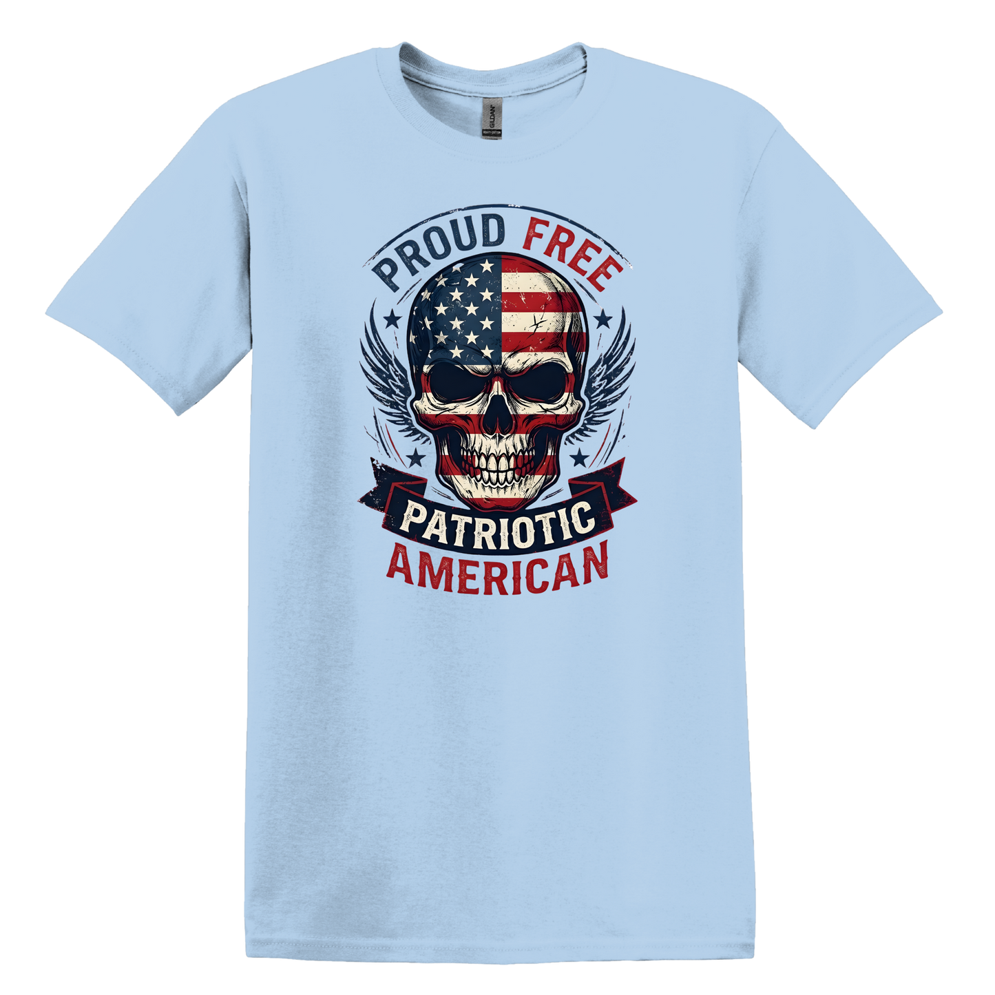 Proud Free Patriotic American - Distressed Skull Graphic T-Shirt