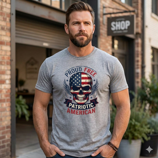 Proud Free Patriotic American - Distressed Skull Graphic T-Shirt