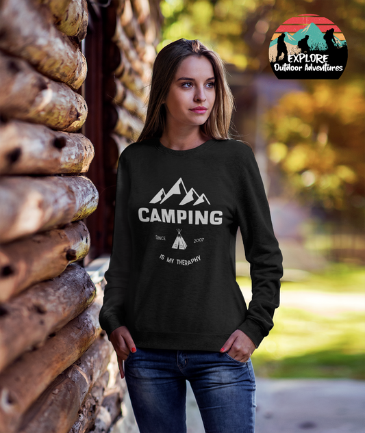Explore Outdoor Adventures "Camping is my Therapy" Unisex Long Sleeve Crewneck Tee
